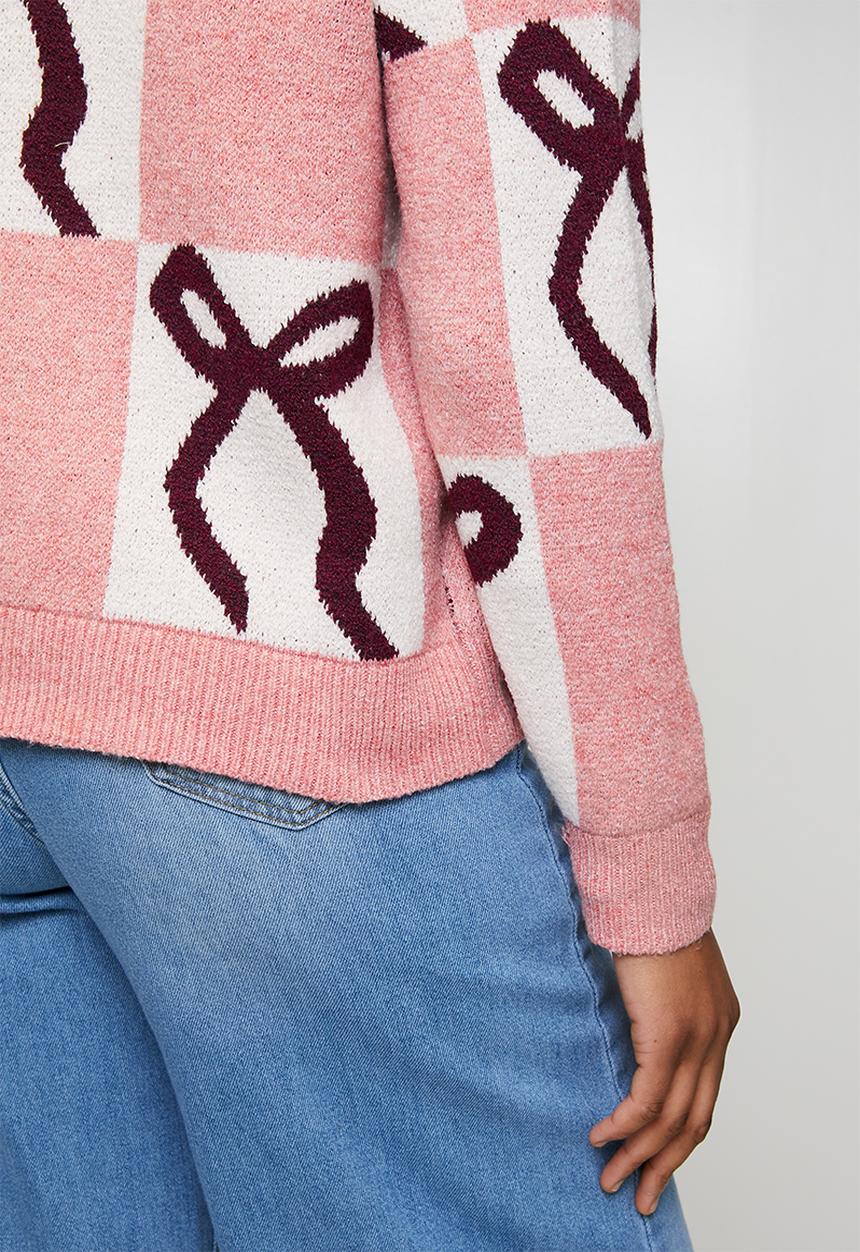 Brave Soul - Christmas Jumper - Pink/Ecru/Wine Bow