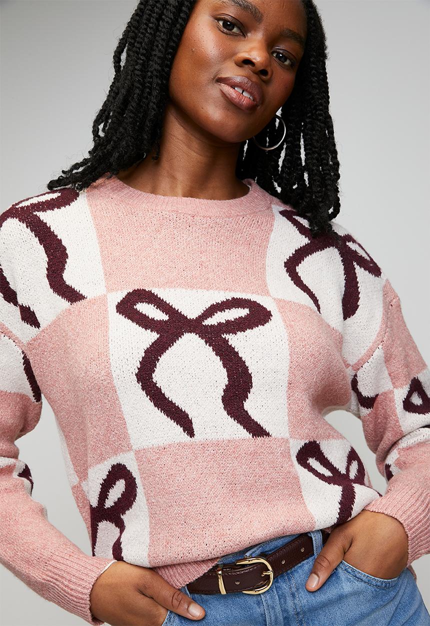 Brave Soul - Christmas Jumper - Pink/Ecru/Wine Bow