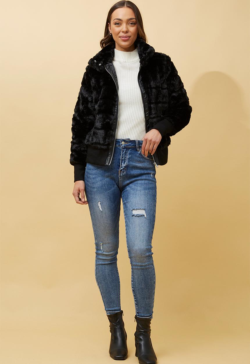 Izabel London - L/S Faux Fur Zip Through Jacket - Black