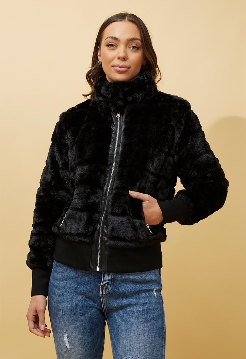 L/S Faux Fur Zip Through Jacket- Black