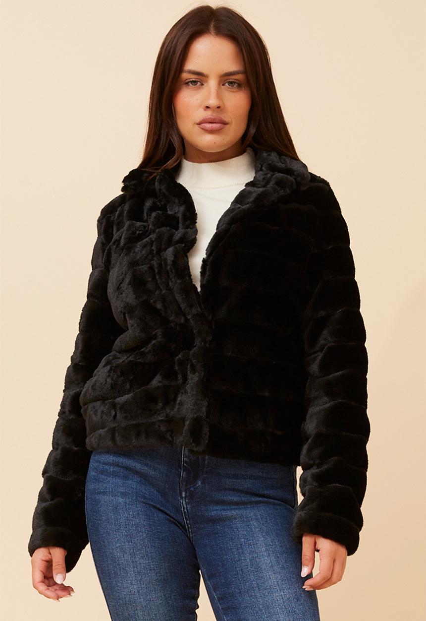 L/S Faux Fur One Button Jacket - Black