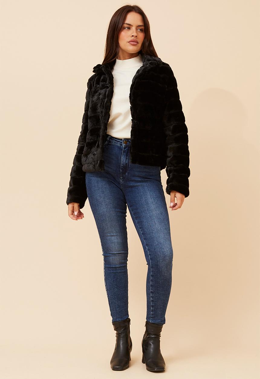 MANDI - L/S Faux Fur One Button Jacket - Black