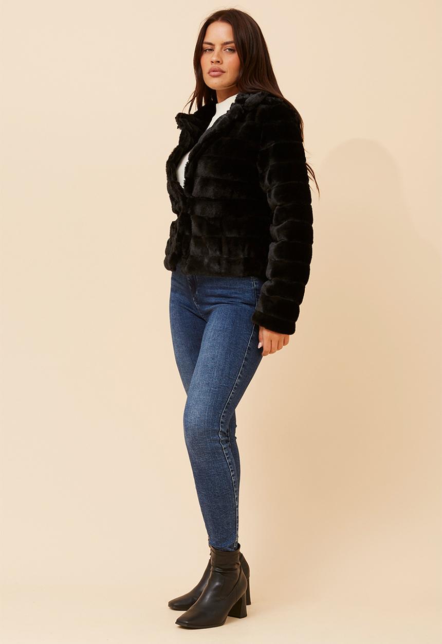 MANDI - L/S Faux Fur One Button Jacket - Black