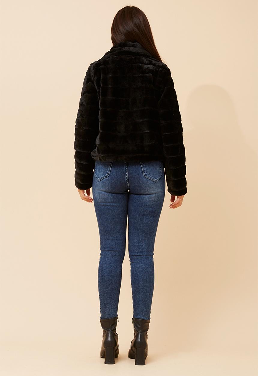 MANDI - L/S Faux Fur One Button Jacket - Black