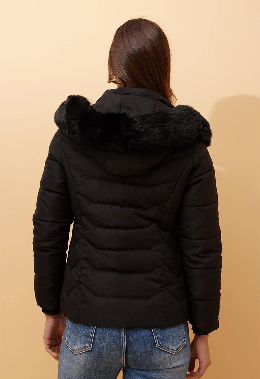 Stella Morgan - L/S Zip Through Puffer Jacket With Detachable Fur On Hood - Black
