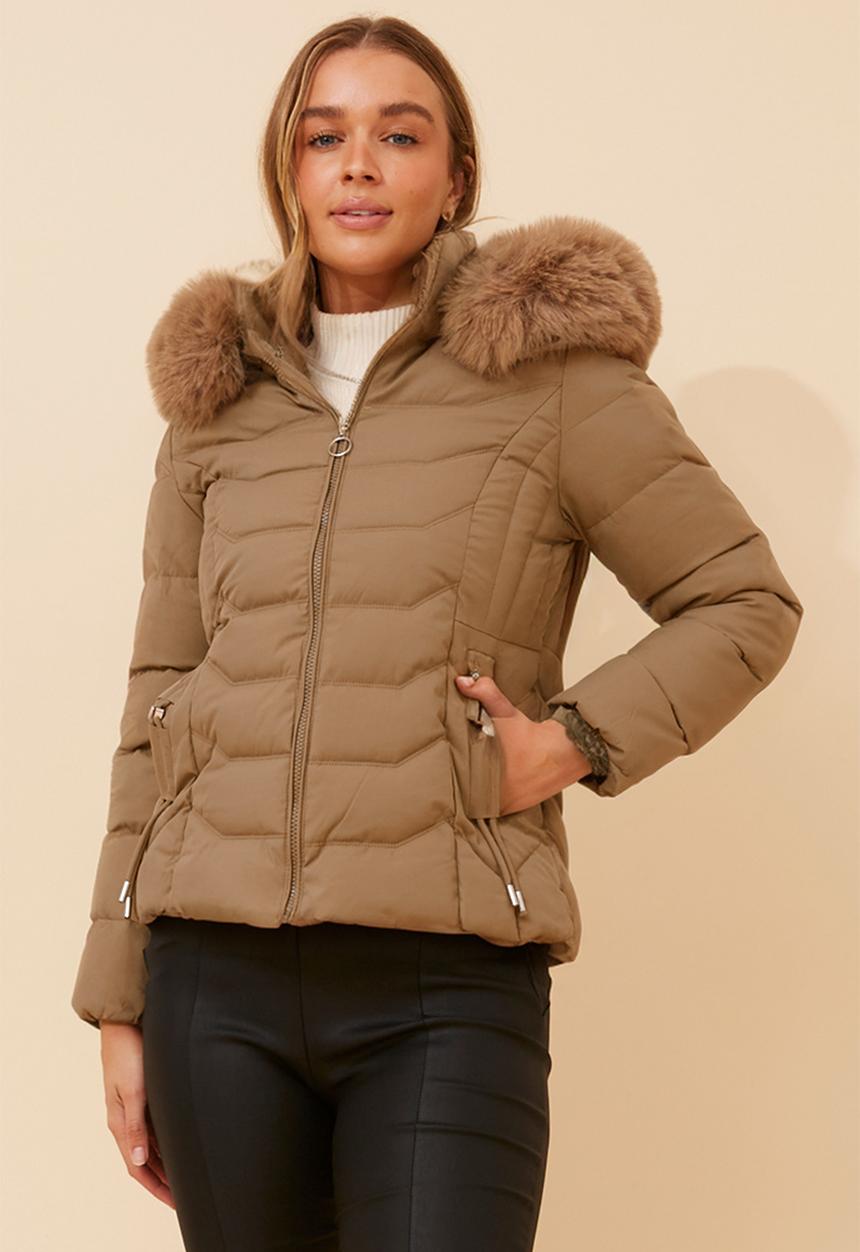 Stella Morgan - L/S Zip Through Puffer Jacket With Detachable Fur On Hood - Latte