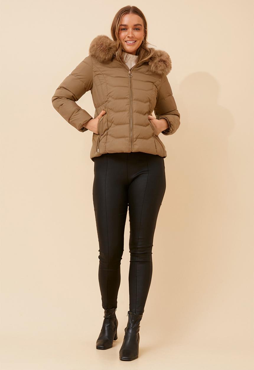 Stella Morgan - L/S Zip Through Puffer Jacket With Detachable Fur On Hood - Latte