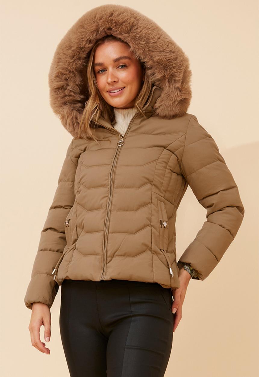 L/S Zip Through Puffer Jacket With Detachable Fur On Hood - Latte