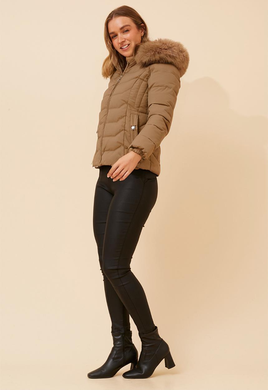 Stella Morgan - L/S Zip Through Puffer Jacket With Detachable Fur On Hood - Latte