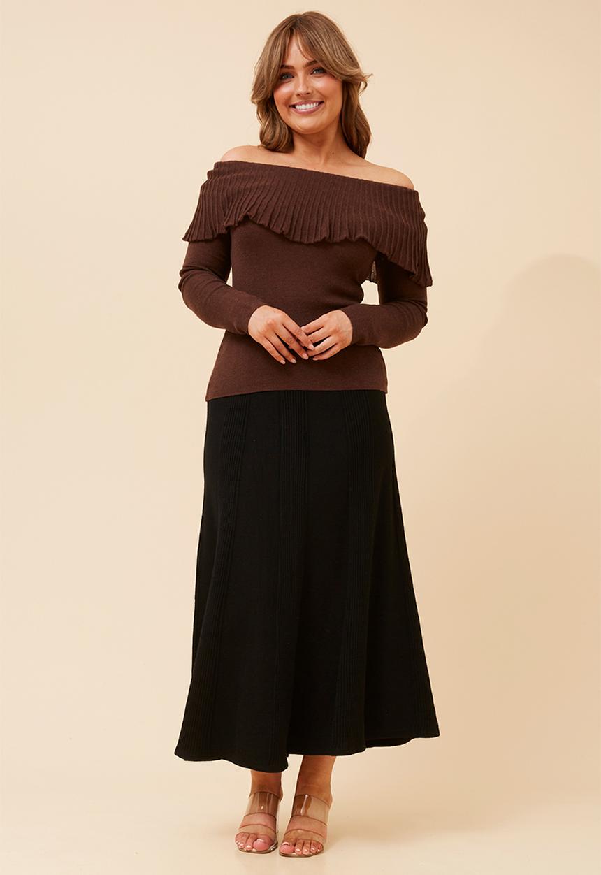 MANDI - L/S Fold Over Wool Blend Knitwear Top - Chocolate