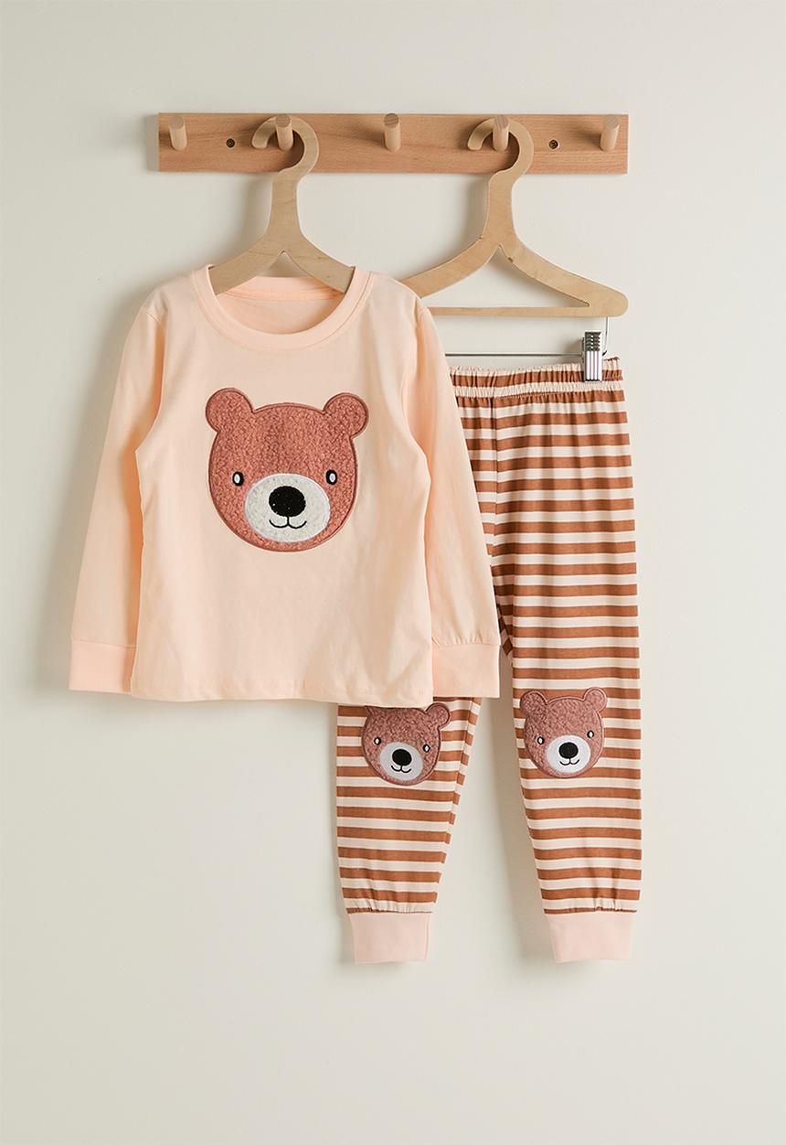 Pop Candy - Bear patch pj set - seashell peach/brown stripes