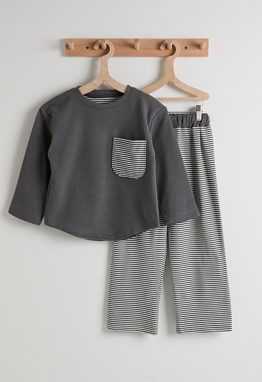 Pop Candy - Patch pocket tee with striped pants pj set - grey