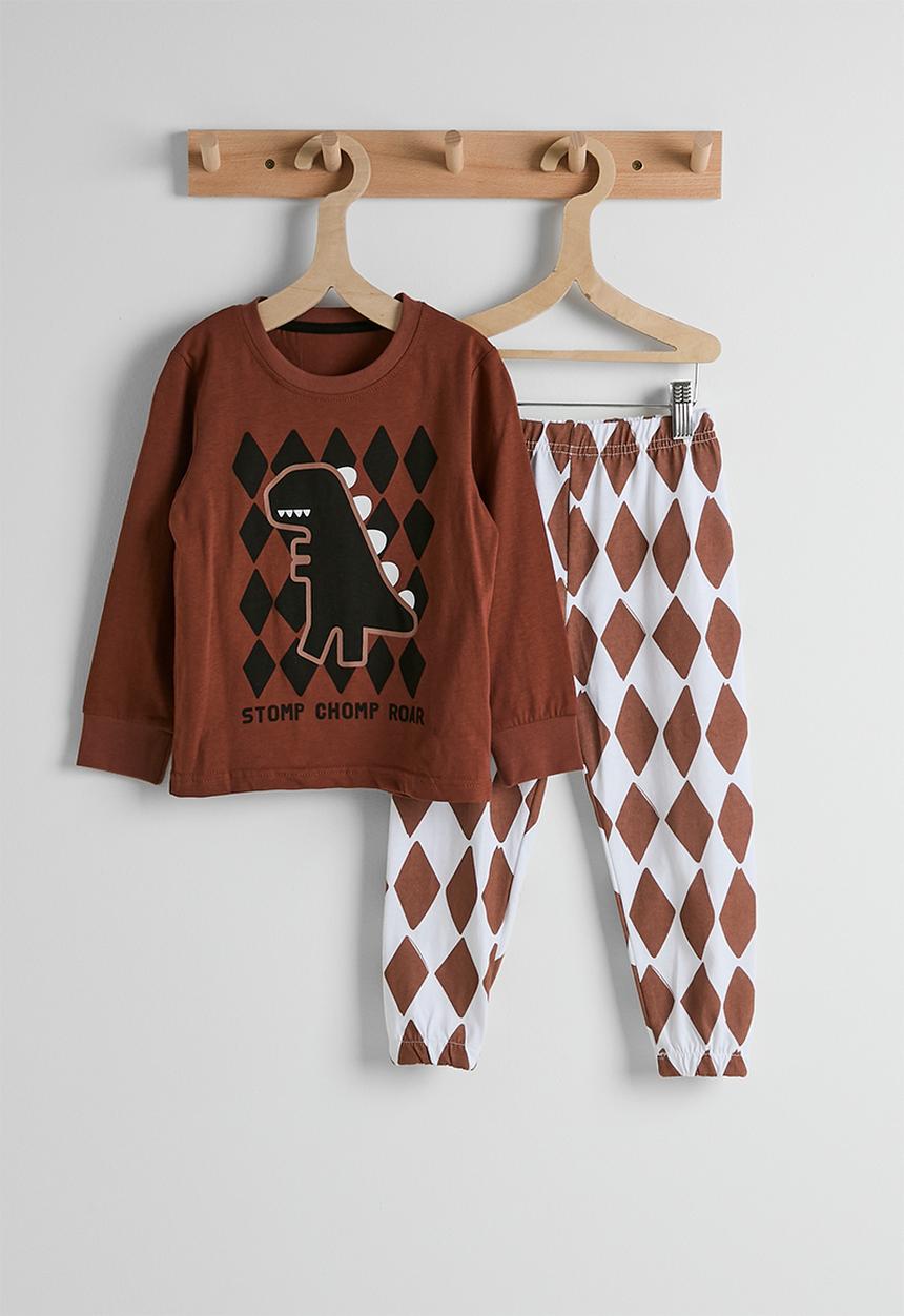 Pop Candy - Harlequin print pj set - saddle brown/dino