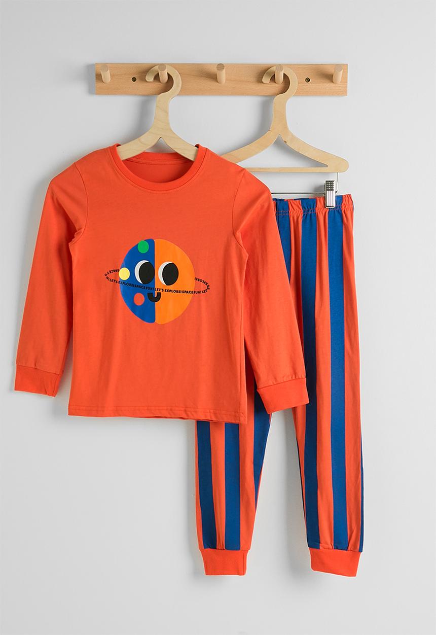 Pop Candy - Placement print pj set - pumpkin orange/blue stripes