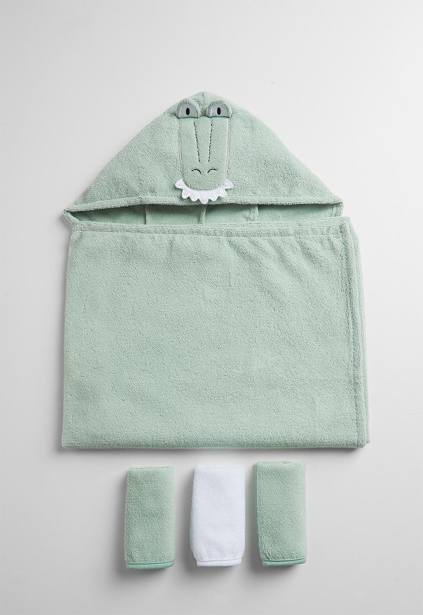 Pop Candy - Croc hooded towel & face cloths set - green