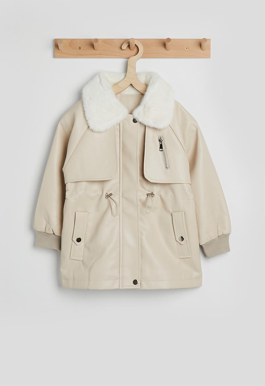Pop Candy - PU trench coat with faux fur collar - cream