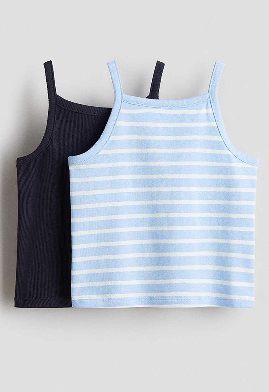 H&M - 2-pack cotton strappy tops - navy blue/light blue