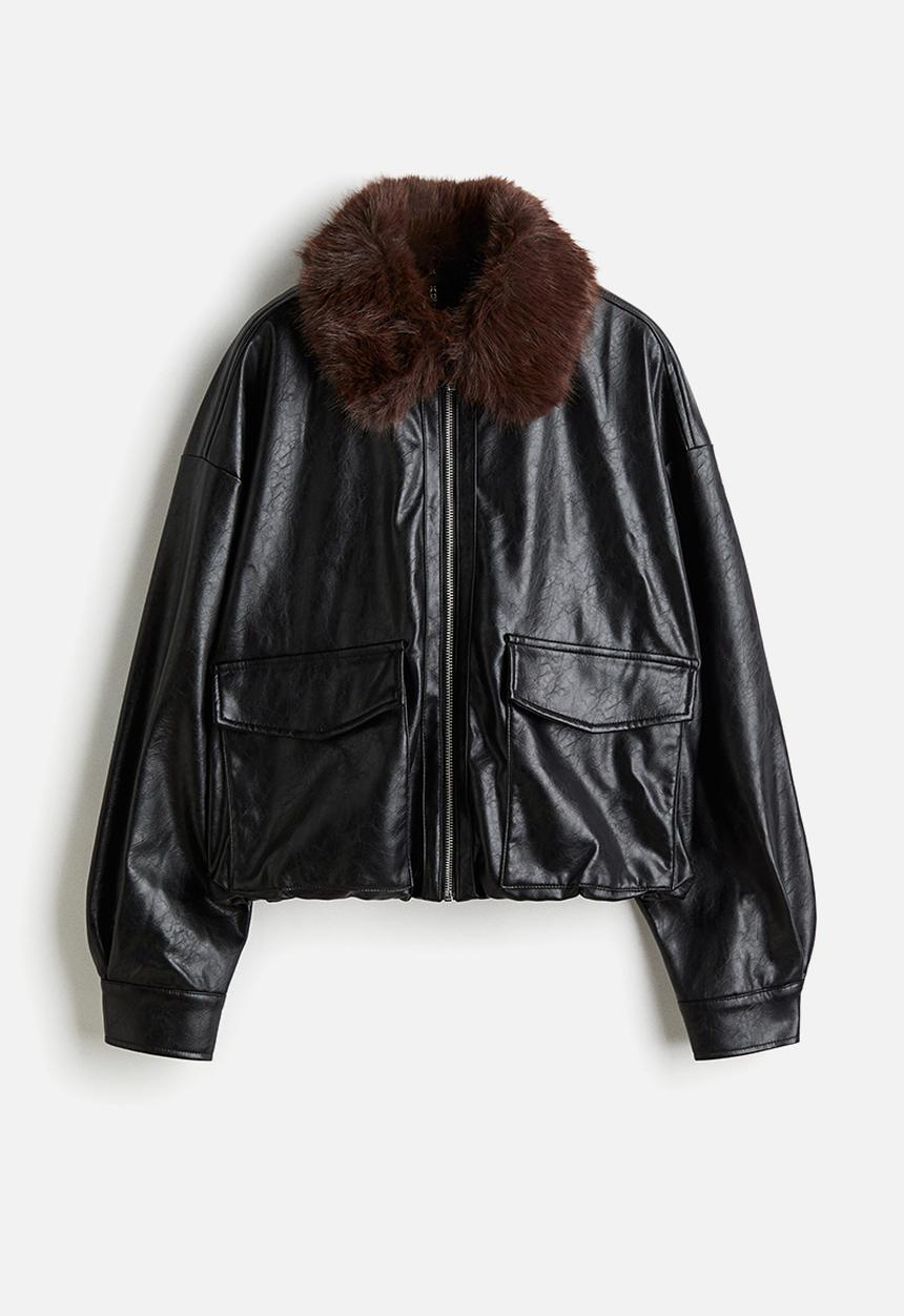 H&M - Fluffy-collared jacket - black/brown