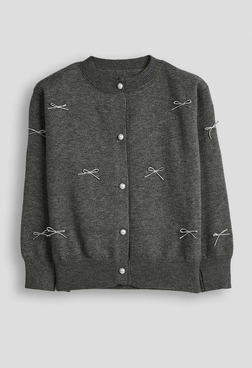 Pop Candy - Melange cardigan with silver thread bows - dark grey