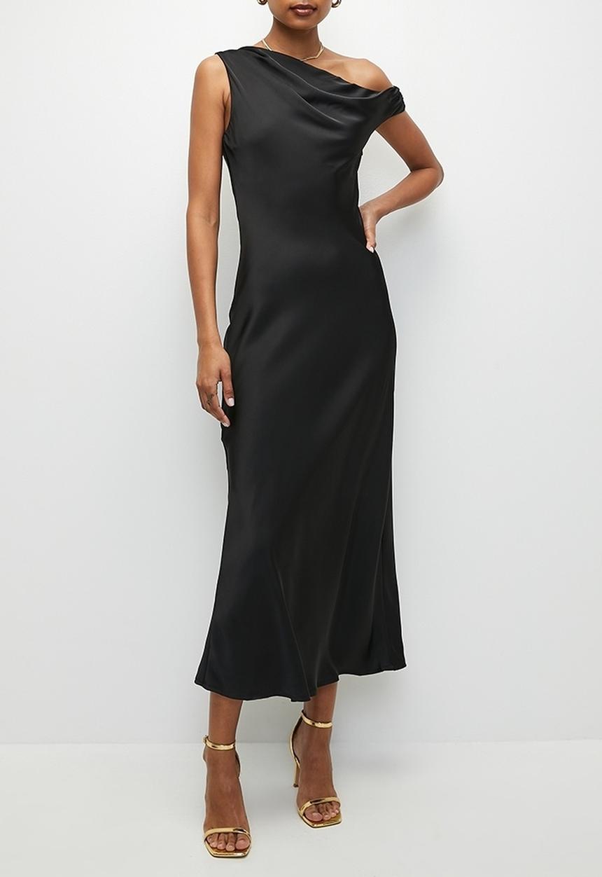 VELVET - Asymmetric Satin Maxi Dress - Black