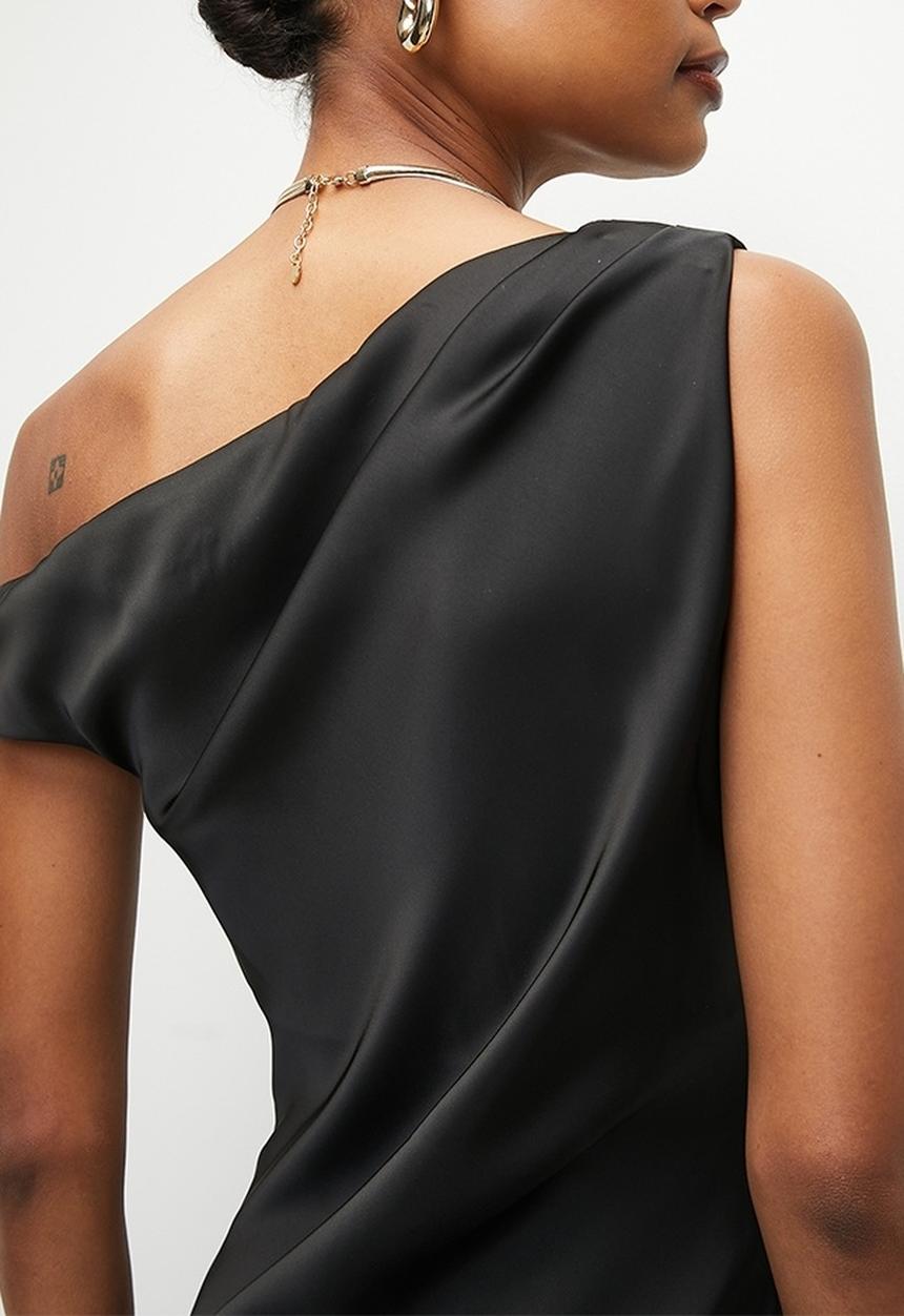 VELVET - Asymmetric Satin Maxi Dress - Black