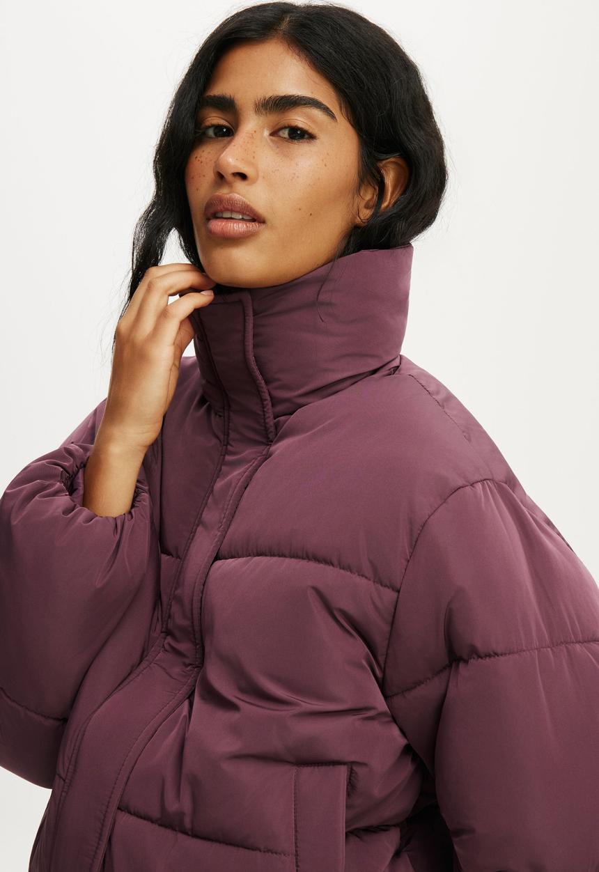 Cotton On - The Mother Puffer Funnel Neck Jacket - Choc Plum