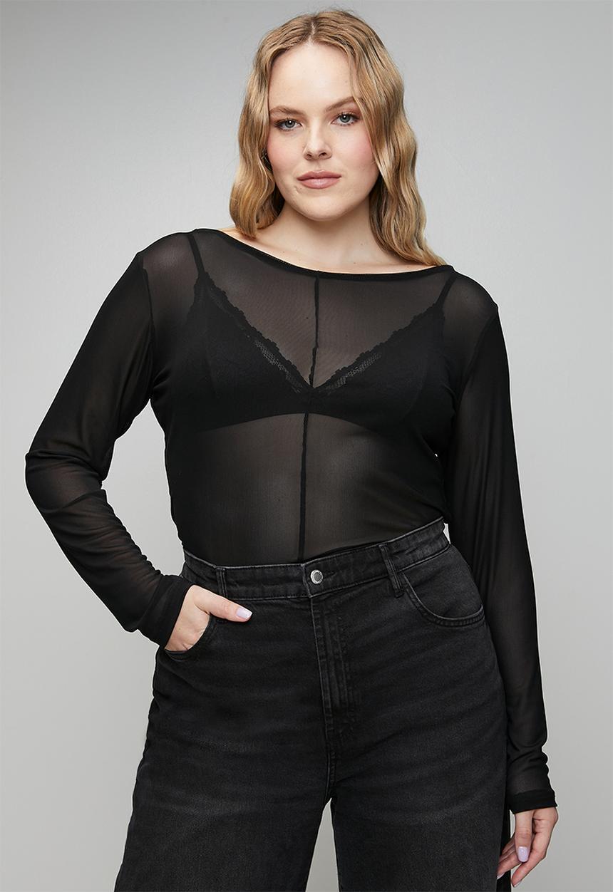 Me&B - Plus Boat Neck Mesh Top - Black