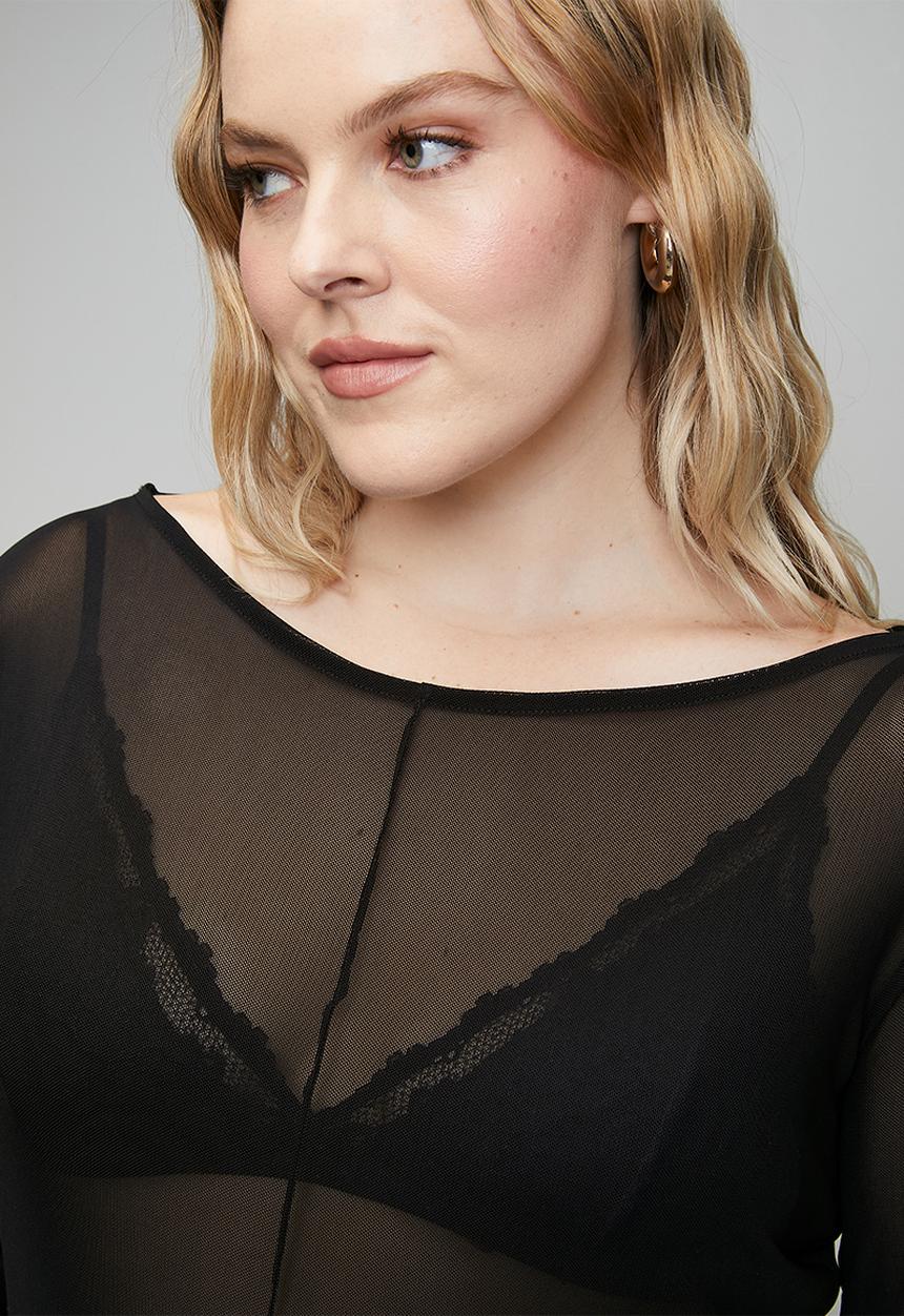 Me&B - Plus Boat Neck Mesh Top - Black