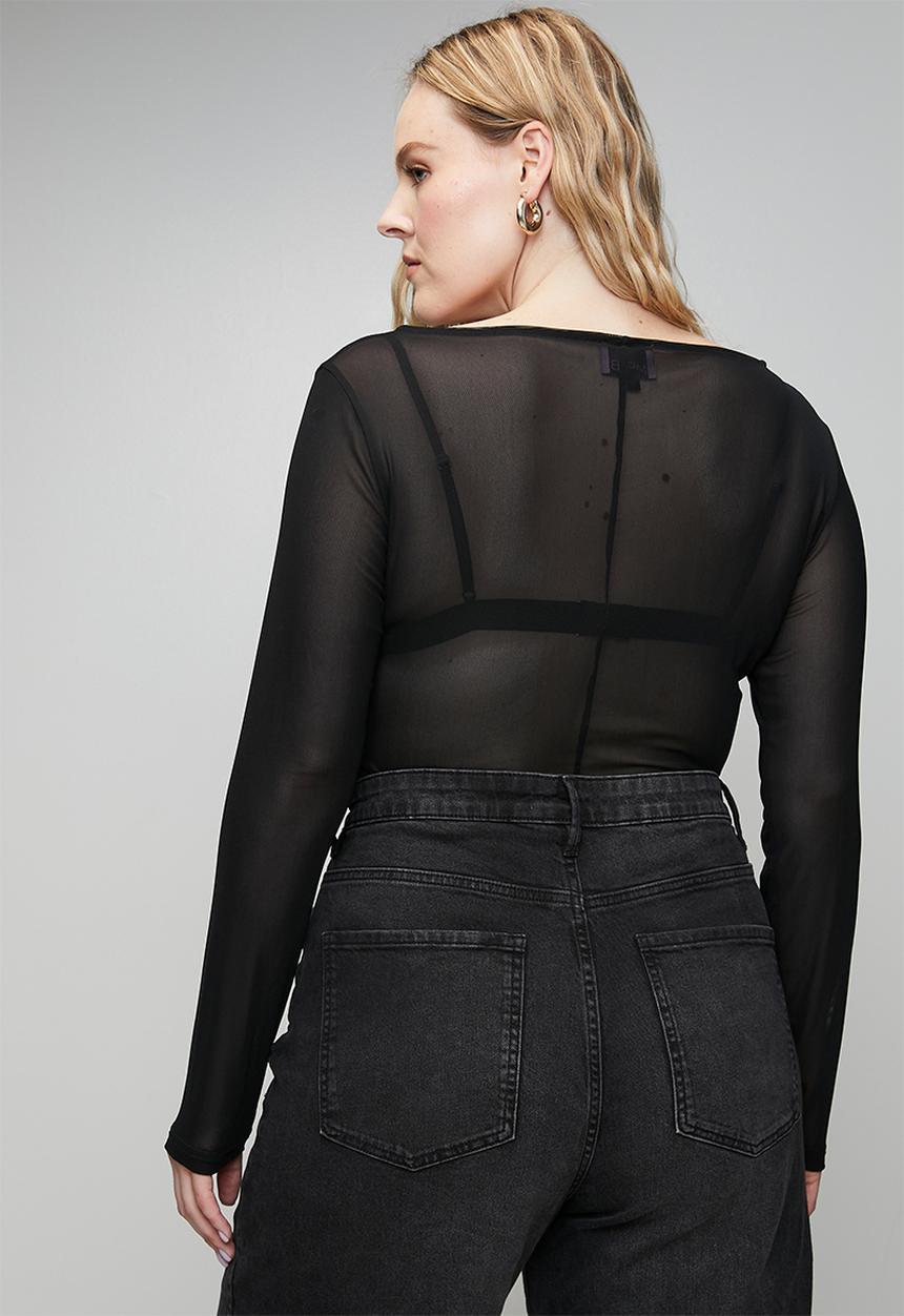 Me&B - Plus Boat Neck Mesh Top - Black