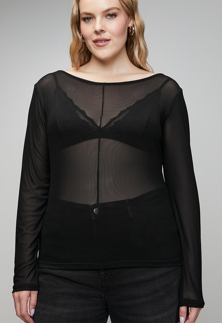 Me&B - Plus Boat Neck Mesh Top - Black
