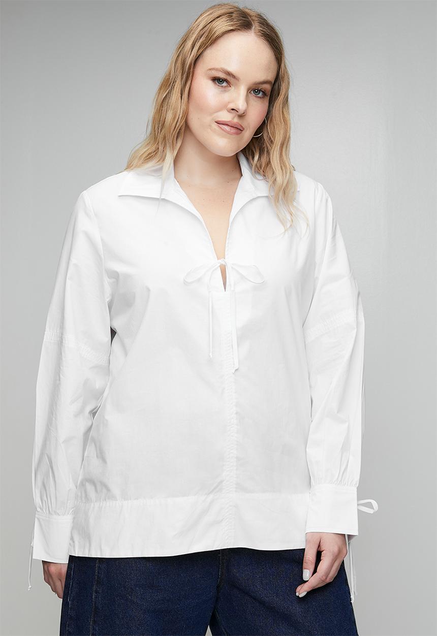 Me&B - Plus Cotton Tie Detail Blouse - White