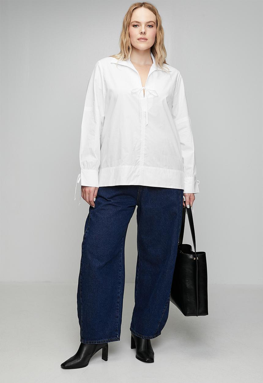 Me&B - Plus Cotton Tie Detail Blouse - White