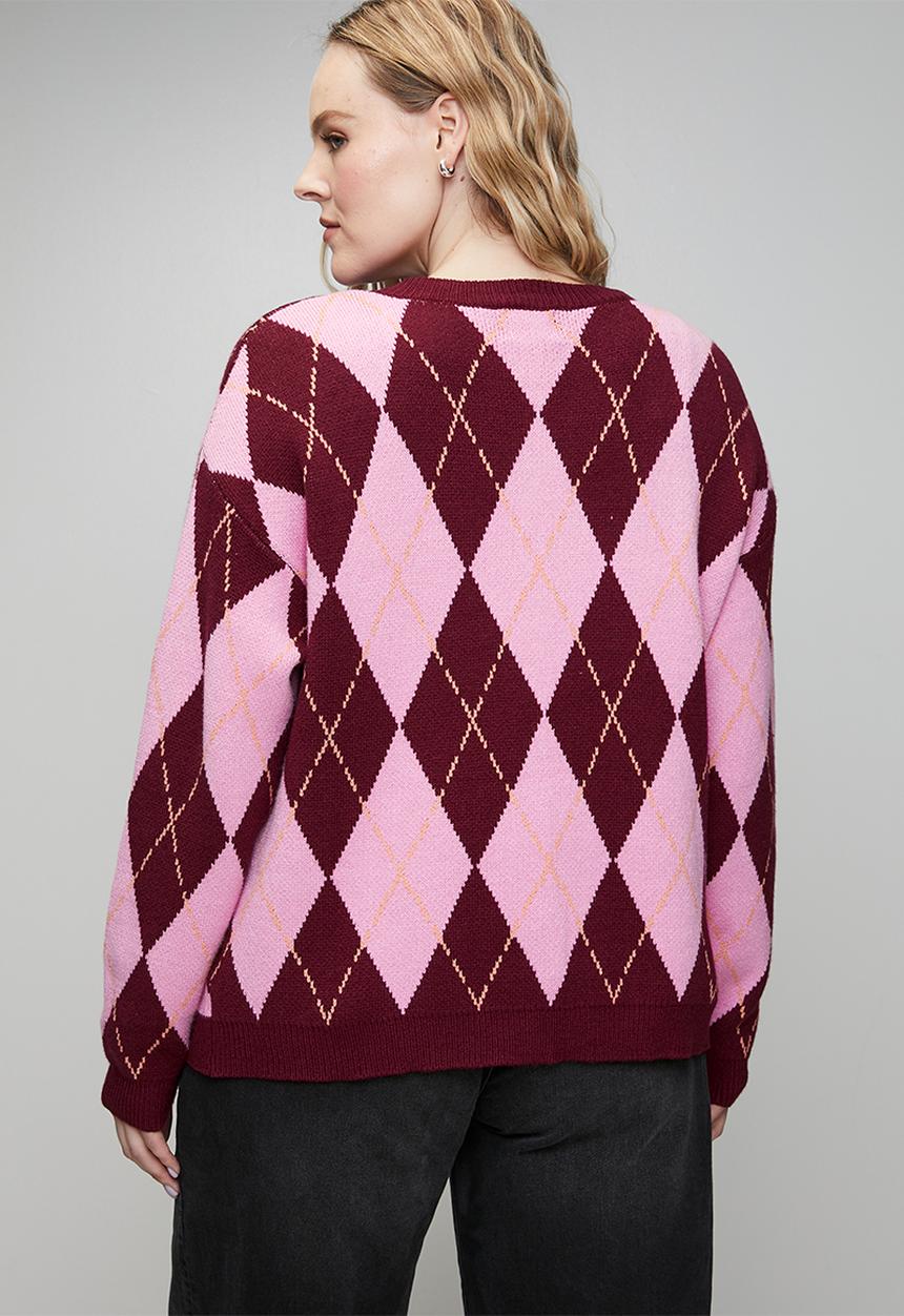 Me&B - Plus Heavyweight Cardigan in Argyle - Multi