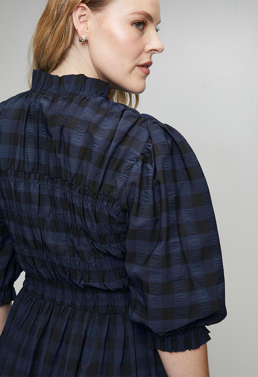 Me&B - Plus Gingham Shirred Midi Dress - Navy/Black