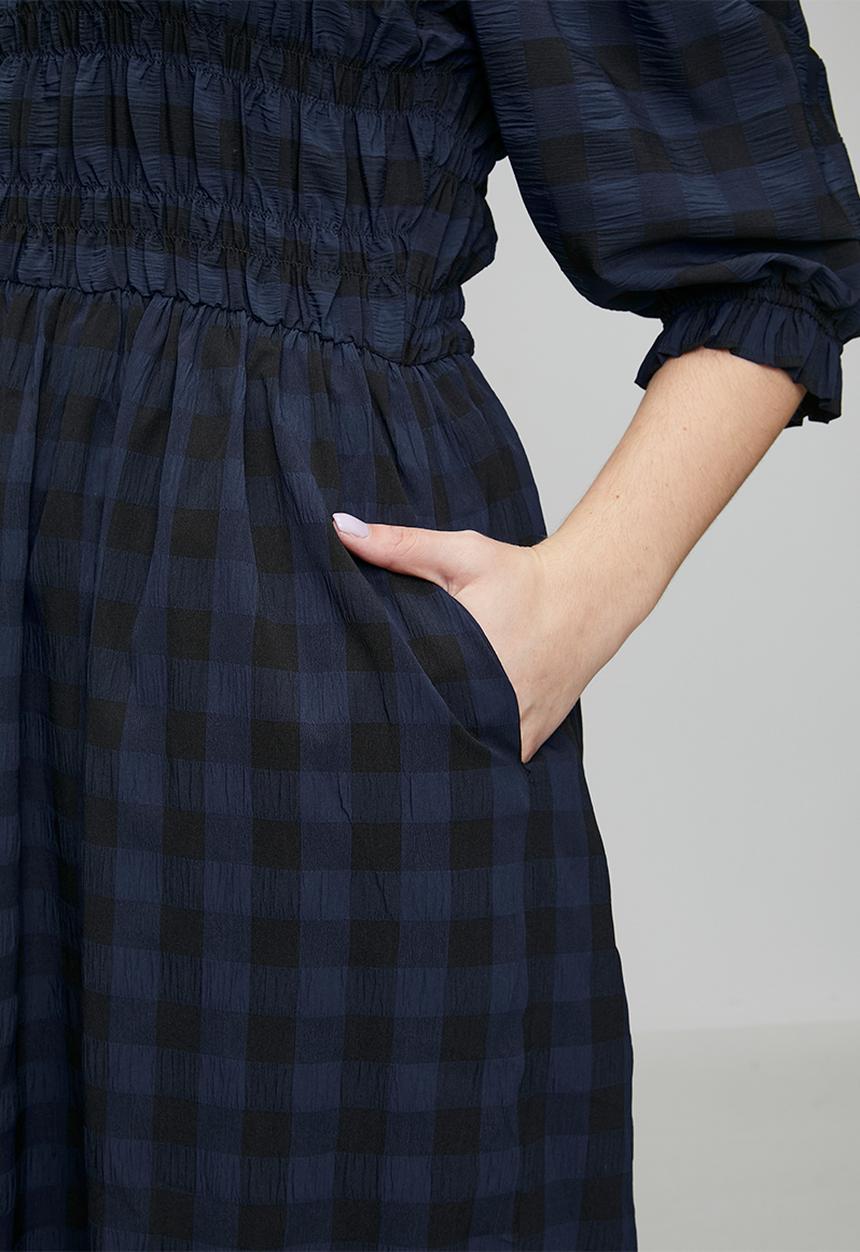 Me&B - Plus Gingham Shirred Midi Dress - Navy/Black