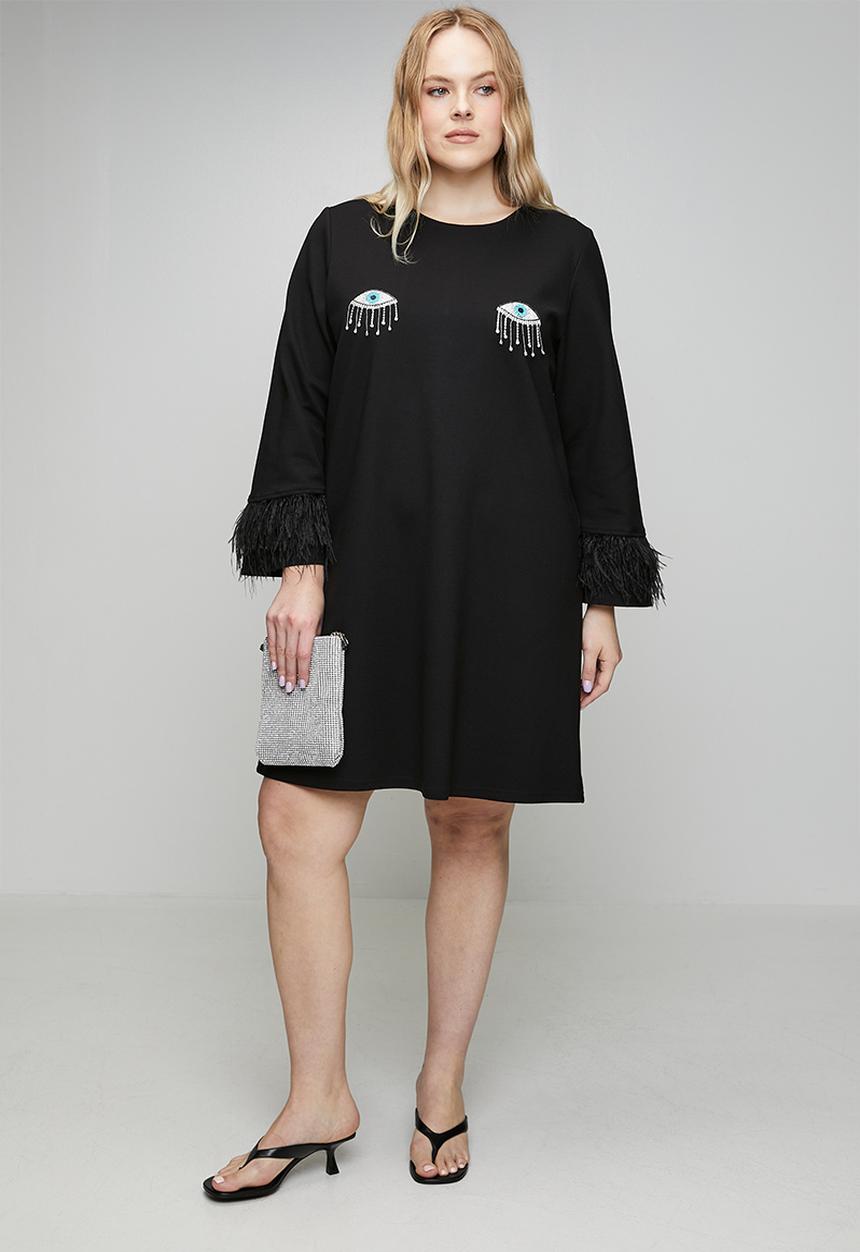 Me&B - Plus The Eye Candy Feather Dress - Black