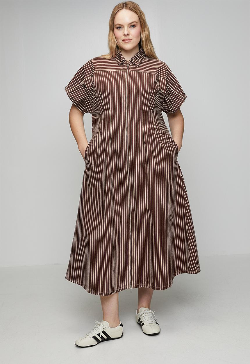 Me&B - Plus Zip Front  Stripe Denim Shirt Dress - Choc