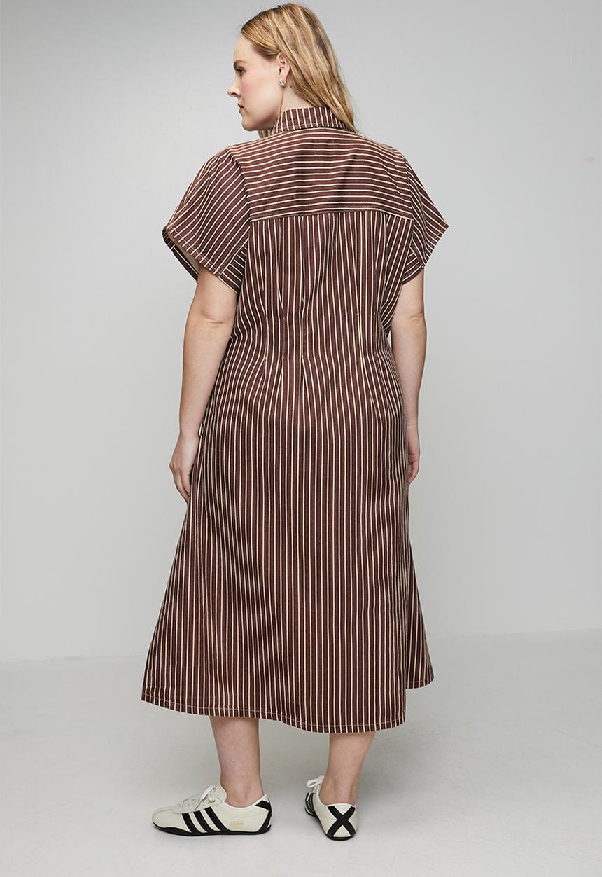 Me&B - Plus Zip Front  Stripe Denim Shirt Dress - Choc