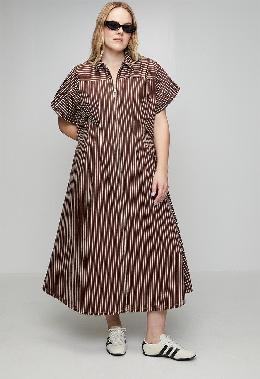 Me&B - Plus Zip Front  Stripe Denim Shirt Dress - Choc
