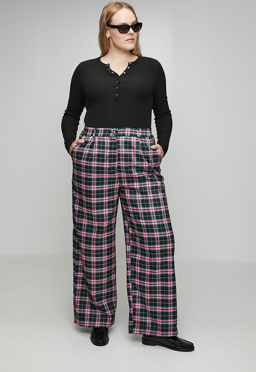 Me&B - Plus Check Straight Leg Trousers - Pink/Green