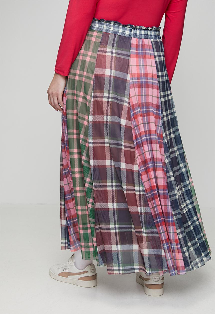 Me&B - Plus Panelled Lined Mesh Check Skirt - Multi