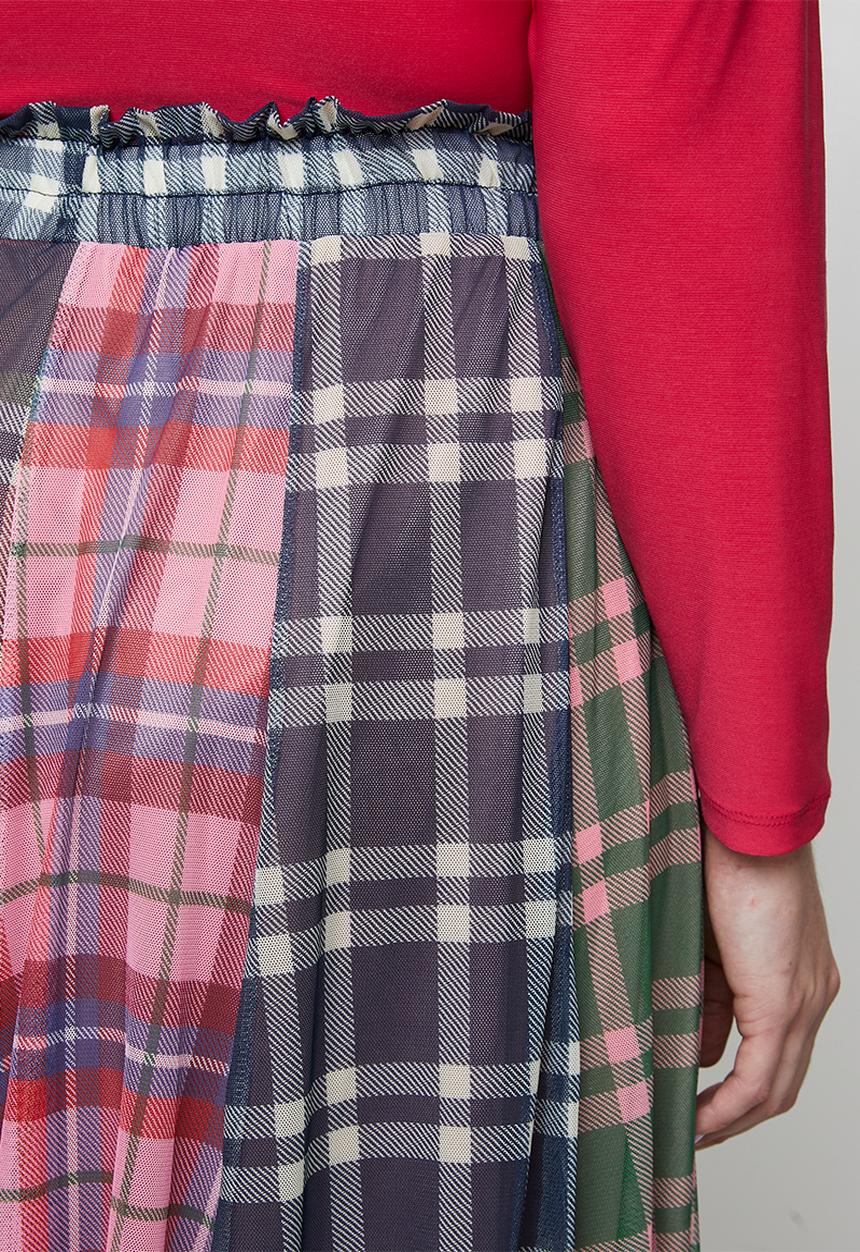 Me&B - Plus Panelled Lined Mesh Check Skirt - Multi