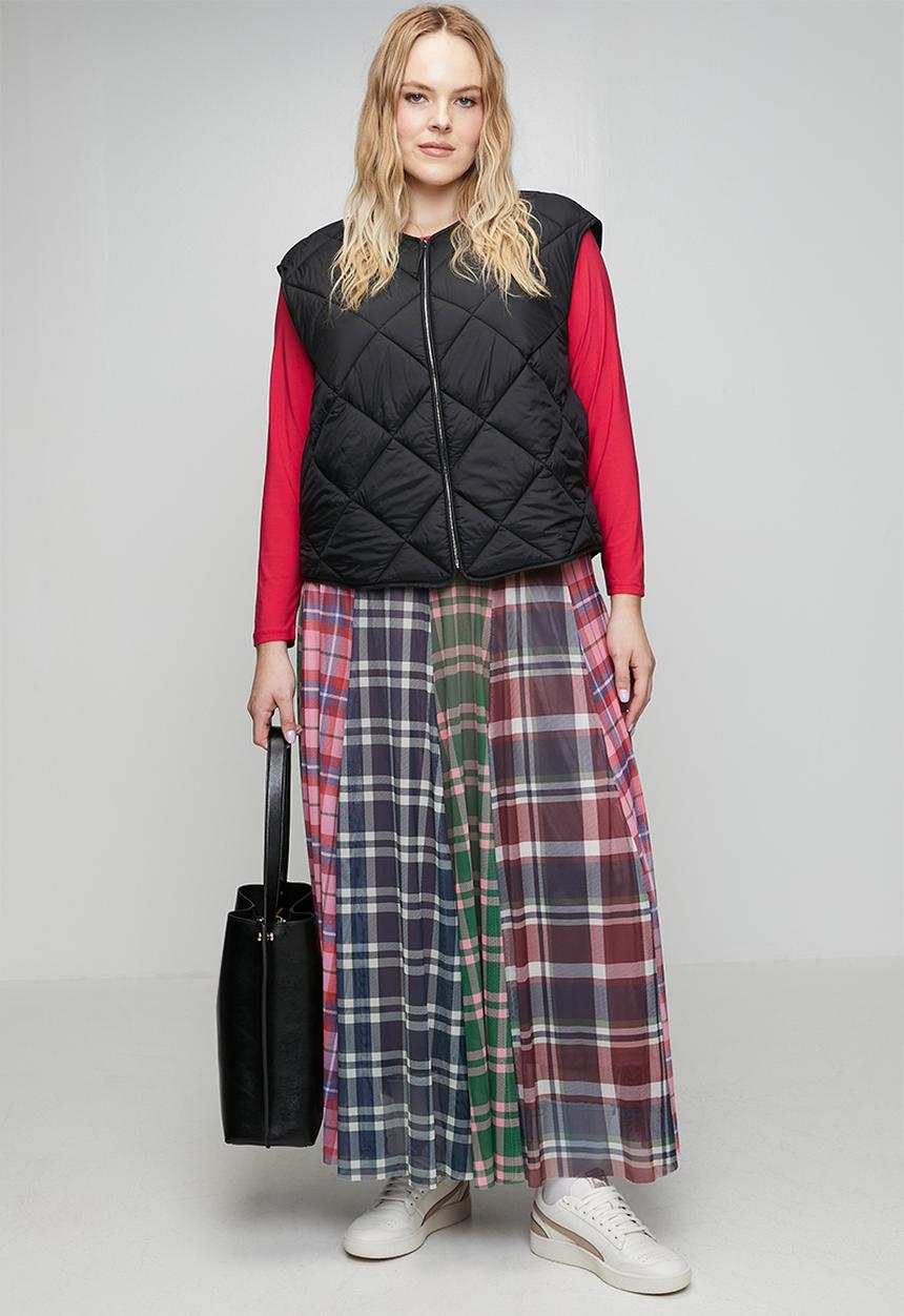 Me&B - Plus Panelled Lined Mesh Check Skirt - Multi
