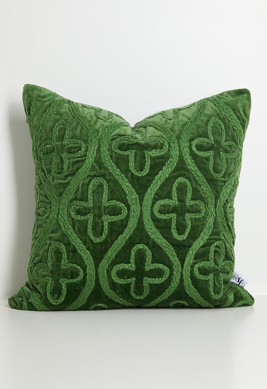 Sixth Floor - Embroidered Velvet Cushion Cover - Green
