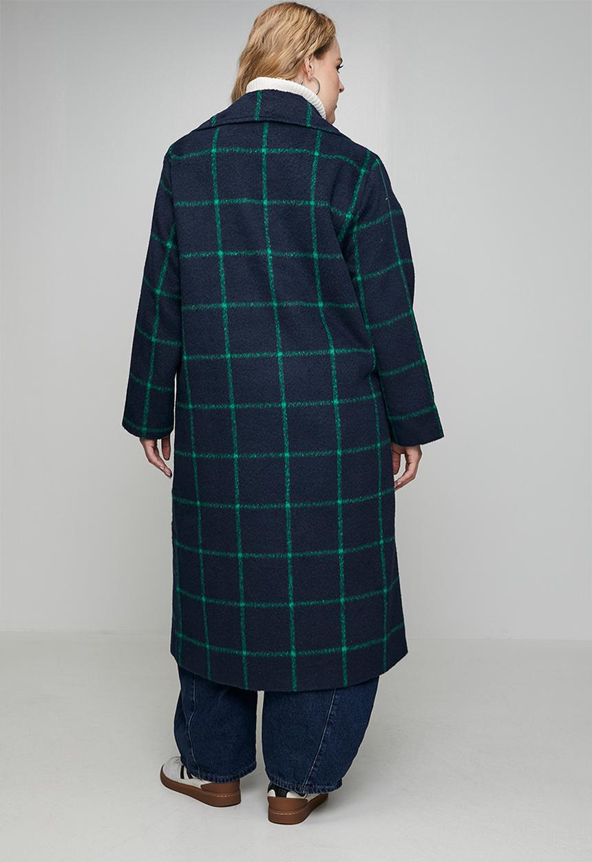 Me&B - Plus Melton Coat Grid- Ink/Green