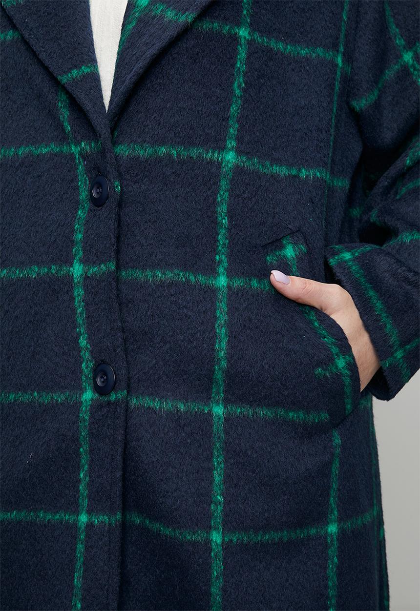 Me&B - Plus Melton Coat Grid- Ink/Green