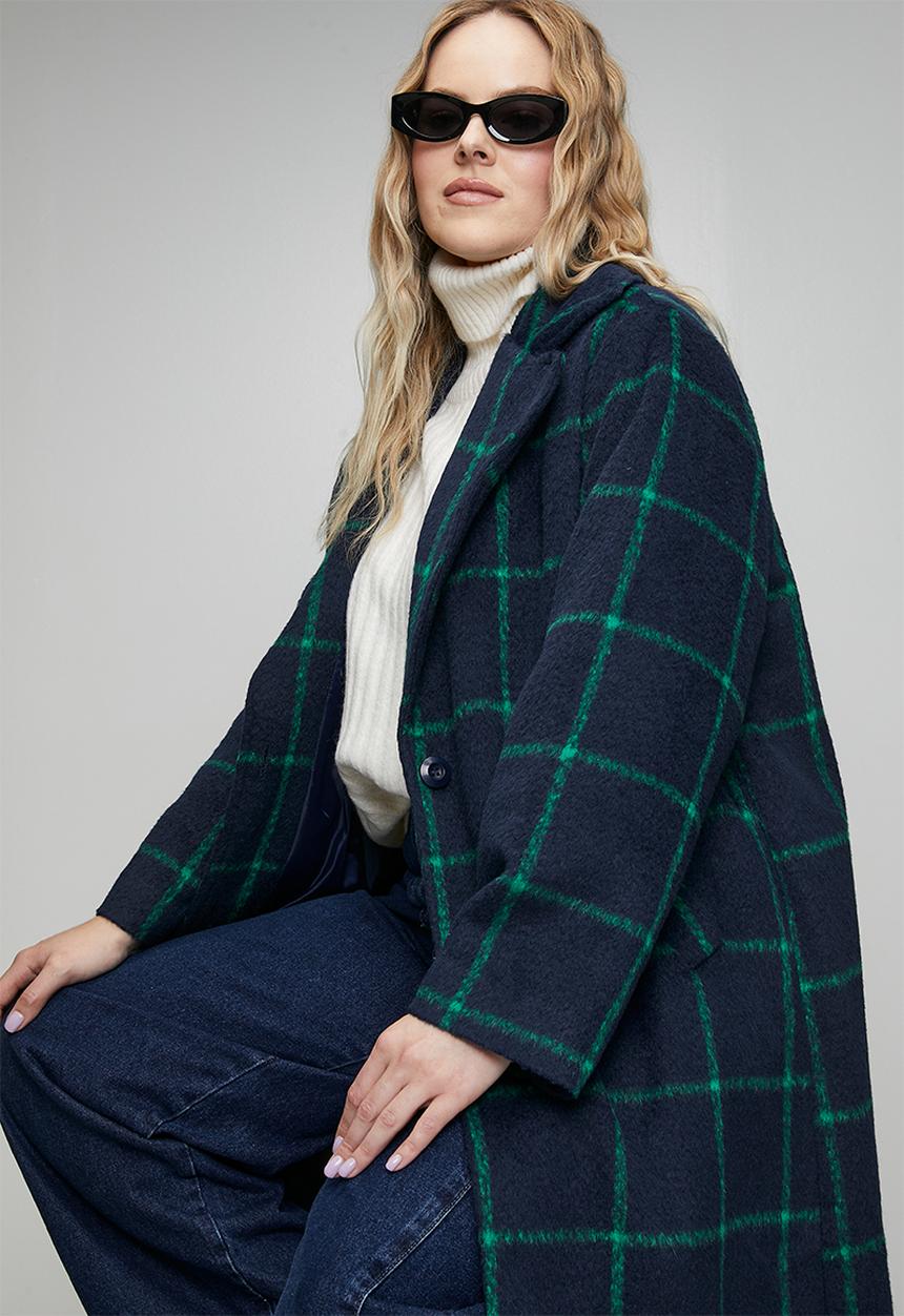 Me&B - Plus Melton Coat Grid- Ink/Green