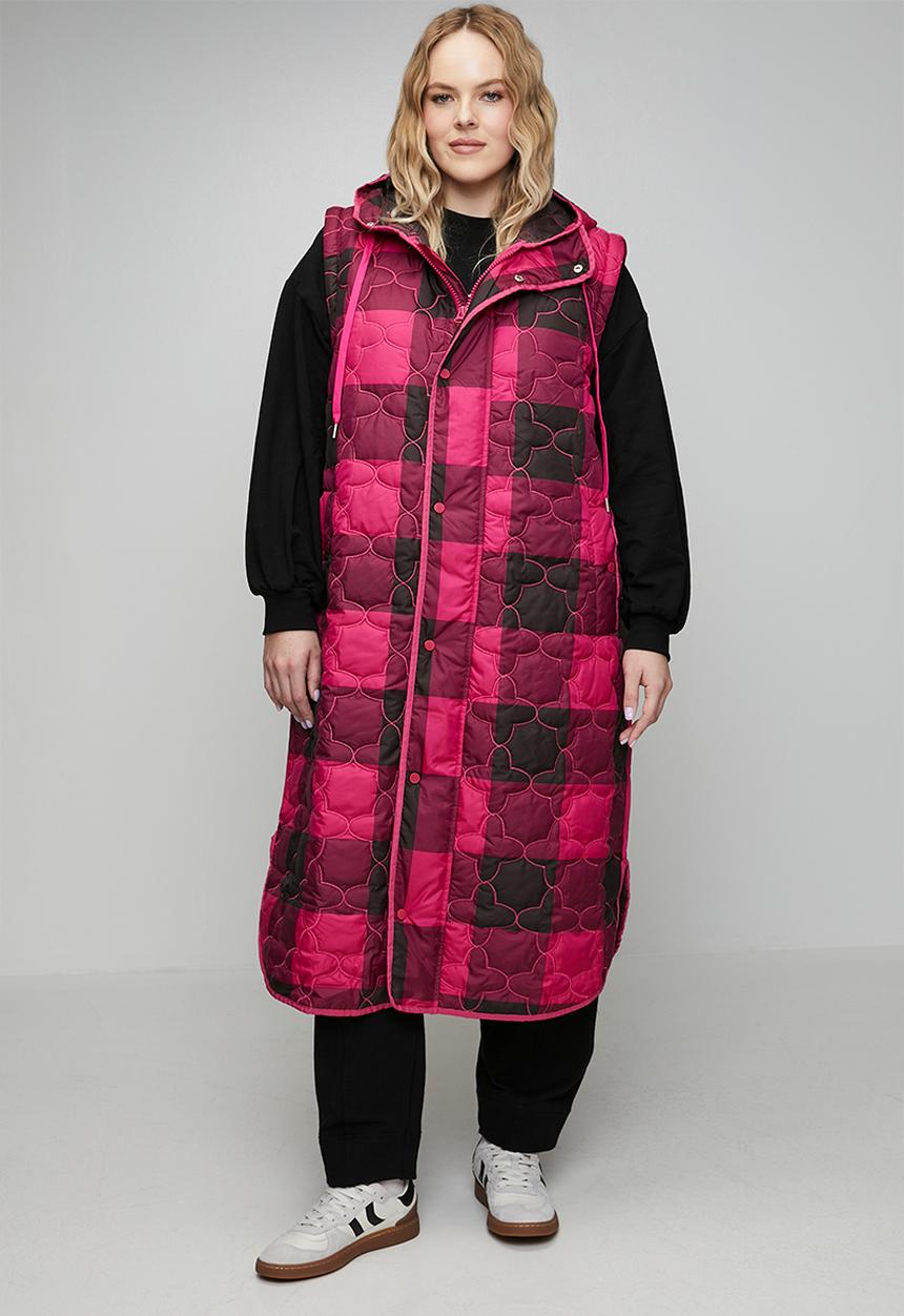 Me&B - Plus The Multiway Check Maxi Puffer - Pink