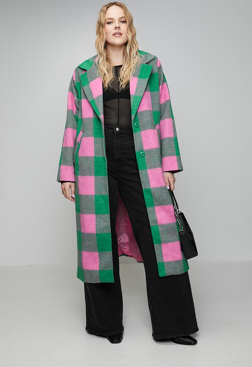 Me&B - Plus Melton Coat Check - Pink/Green