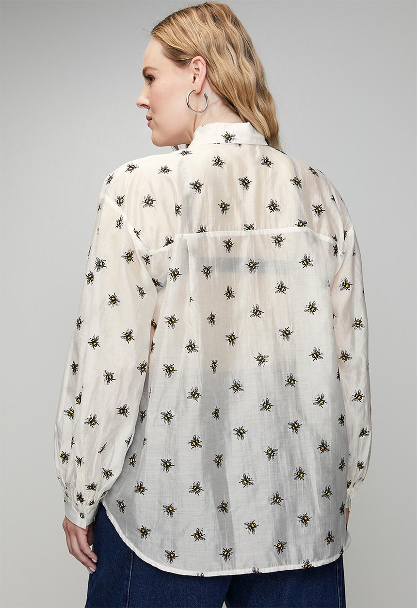 Me&B - Plus Embroidered Bee Bellow Sleeve Shirt - Yellow